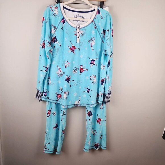P. J. Salvage 2 piece pajama set sz 1X / 44 Blue thermal knit ice skating llama - Picture 1 of 15